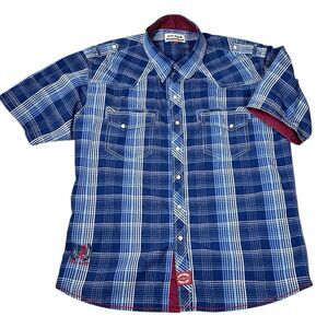Bare Denim Pearl Snap Button Down Shirt Mens Large Plaid Blue White Short Sleeve
